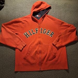 Vintage 90's Tommy Hilfiger Hooded Sweatshirt Red Spellout Mens Size Large